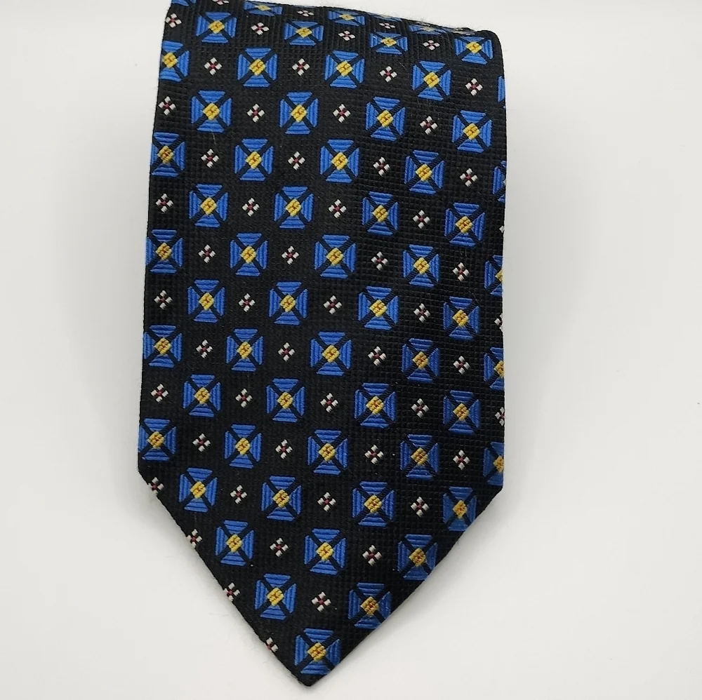 Paul Frederick Necktie Black Blue Yellow Accent Geometric Textured Men's Silk